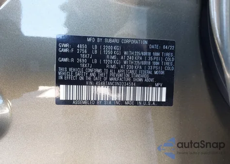 2022 Subaru Outback Limited from USA, damaged, VIN 4S4BTANC0N3234584